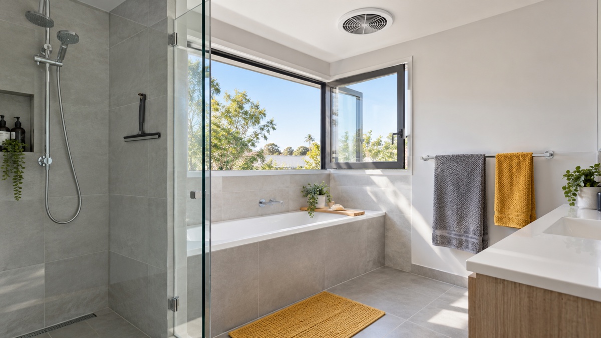 Ventilated bathroom with an open window, exhaust fan, squeegee and towels drying on a rail
