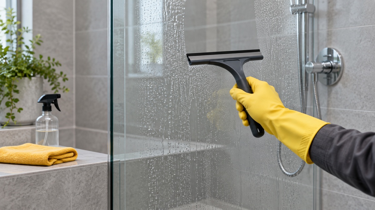 Yellow-gloved hand using a squeegee to clean a glass shower screen
